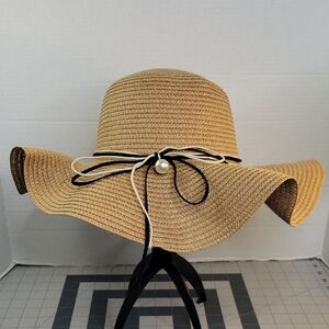 Floppy Straw Sun Hat Pearl Ribbon Bow Wide Brim Beach Derby Hat
